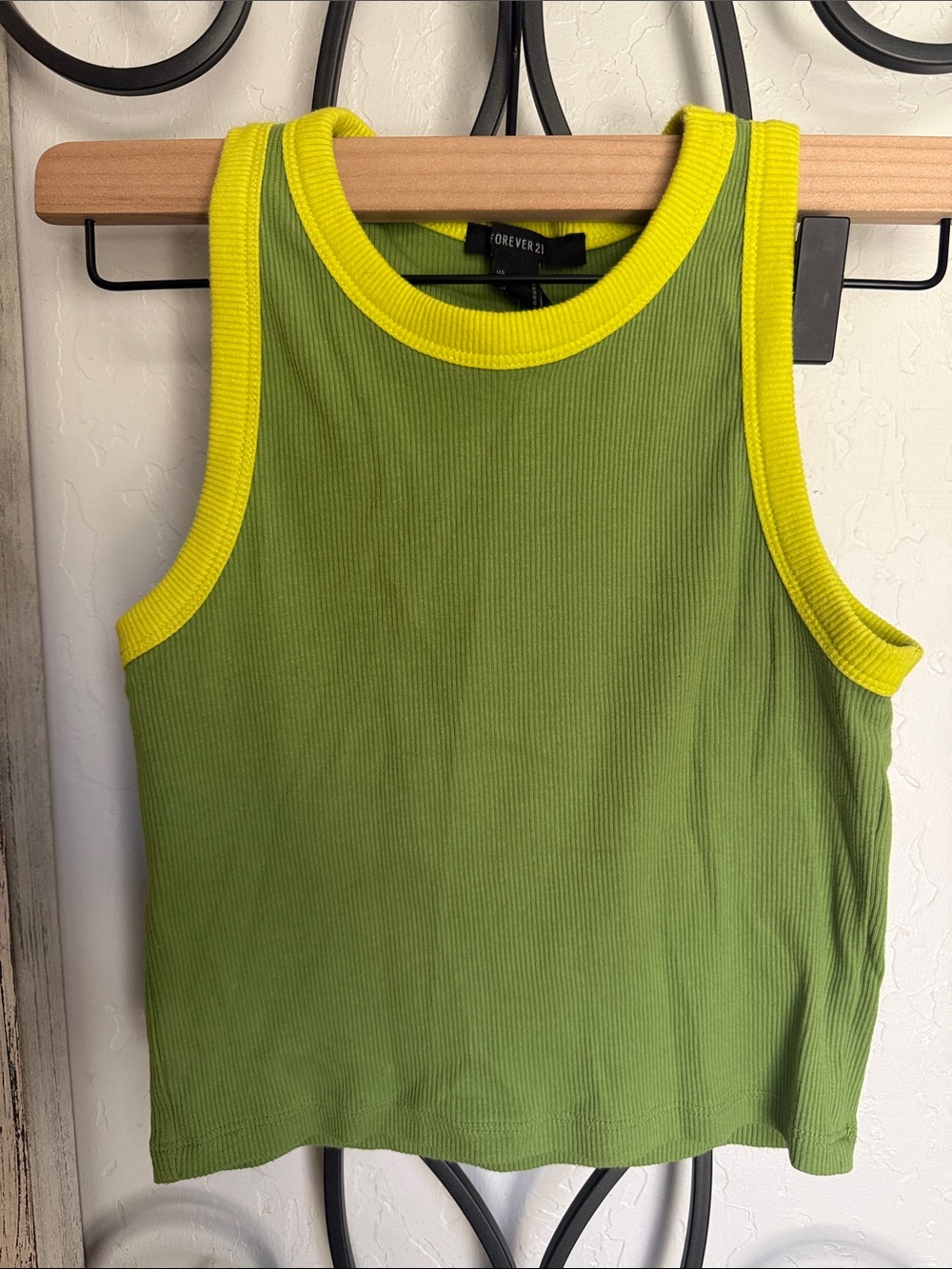 Forever 21 Olive Ribbed Tank with Yellow Trim | Size Small